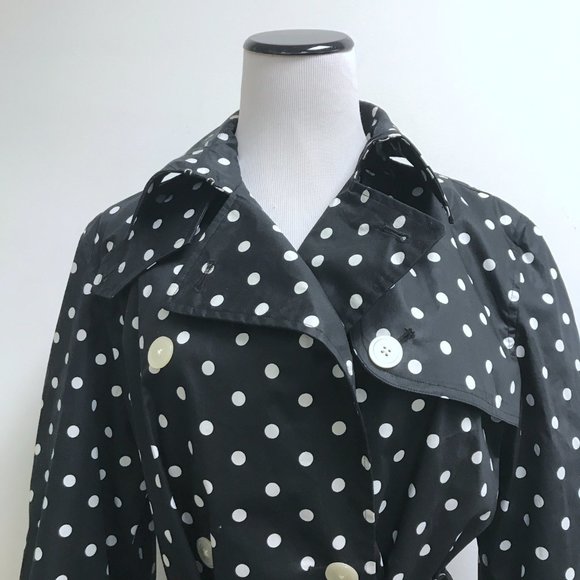 Chaps Ralph Lauren black white polka dot trench coat + belt L New - Picture 2 of 7